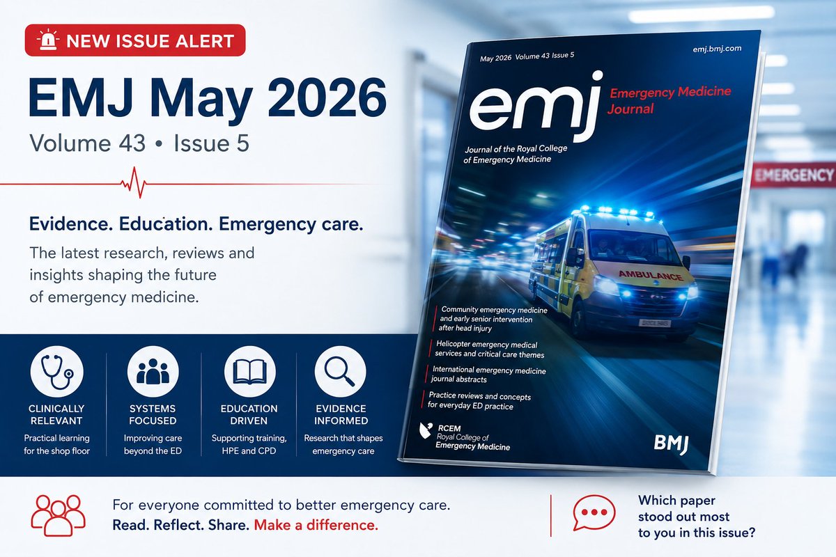 EmergencyMedBMJ's tweet photo. #May2026 #OutNow
Lots of clinically relevant EM content this month covering 🚁 prehospital care, 🧠 diagnostics, 📚 education, and ⚡ systems redesign.
Well worth a read for anyone working in emergency care 👇
https://t.co/5AykbTZwho
#EmergencyMedicine #FOAMed #EMJ https://t.co/hwkkVX1WOM