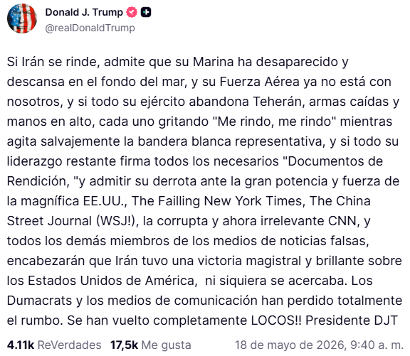 jgutierrezf's tweet photo. Tal vez es al revés, ¿no?🤭(Traducción original del mensaje escrito por Donald Trump hace una hora en su red social) https://t.co/Zf2Dpd9Xuy