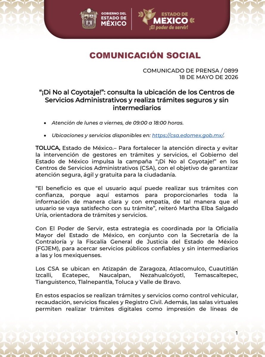 OficialiaEdoMex's tweet photo. 📰#ComunicadoDePrensa:
"¡Di No al Coyotaje!": consulta la ubicación de los @CSAedomex y realiza trámites seguros y sin intermediarios. 
• Atención de lunes a viernes, de 09:00 a 18:00 horas.
• Ubicaciones y servicios disponibles en: https://t.co/3B8l4SbckR.

#ElPoderDeServir https://t.co/hpIoUKBFU8