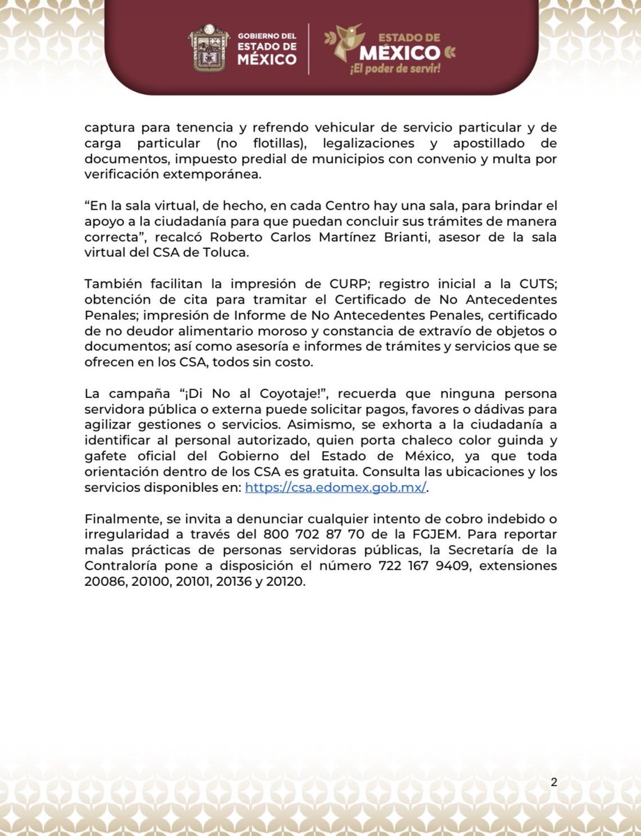 OficialiaEdoMex's tweet photo. 📰#ComunicadoDePrensa:
"¡Di No al Coyotaje!": consulta la ubicación de los @CSAedomex y realiza trámites seguros y sin intermediarios. 
• Atención de lunes a viernes, de 09:00 a 18:00 horas.
• Ubicaciones y servicios disponibles en: https://t.co/3B8l4SbckR.

#ElPoderDeServir https://t.co/hpIoUKBFU8