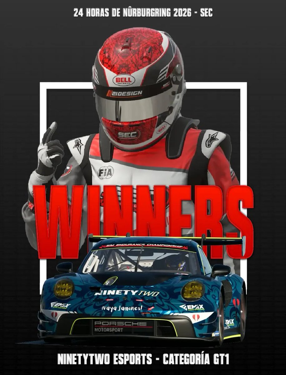 N2_eSports's tweet photo. GANADORES de las 24 Horas de Nürburgring del @SEC_Endurance otro año más!

Un grandísimo trabajo de los chicos en pista nos logra dar otra victoria más en este gran campeonato 

Ampliamos liderato en el campeonato 💪🏻🔥

#ninetytwo https://t.co/zeZ5RSXbmi