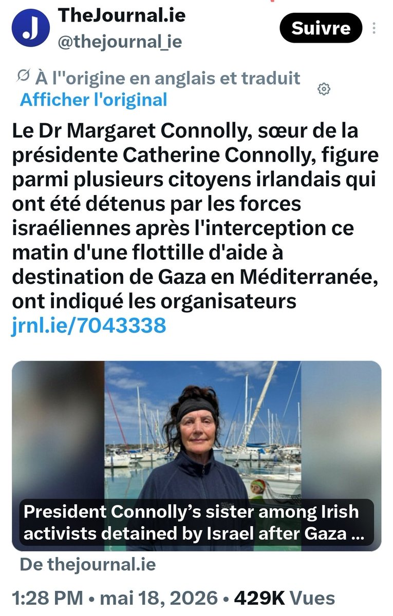 LLP_Le_Vrai's tweet photo. Aujourd’hui (18 mai 2026), les forces israéliennes génocidaires ont intercepté les bateaux en eaux internationales (près de Chypre/Crète selon les sources). Les organisateurs et Margaret #Connolly elle-même parlent de « #kidnapping » : elle a enregistré une vidéo à l’avance où elle dit qu’elle sera « kidnappée » et détenue illégalement en prison israélienne. Elle fait partie d’au moins 6 citoyens irlandais actuellement détenus. #Gaza