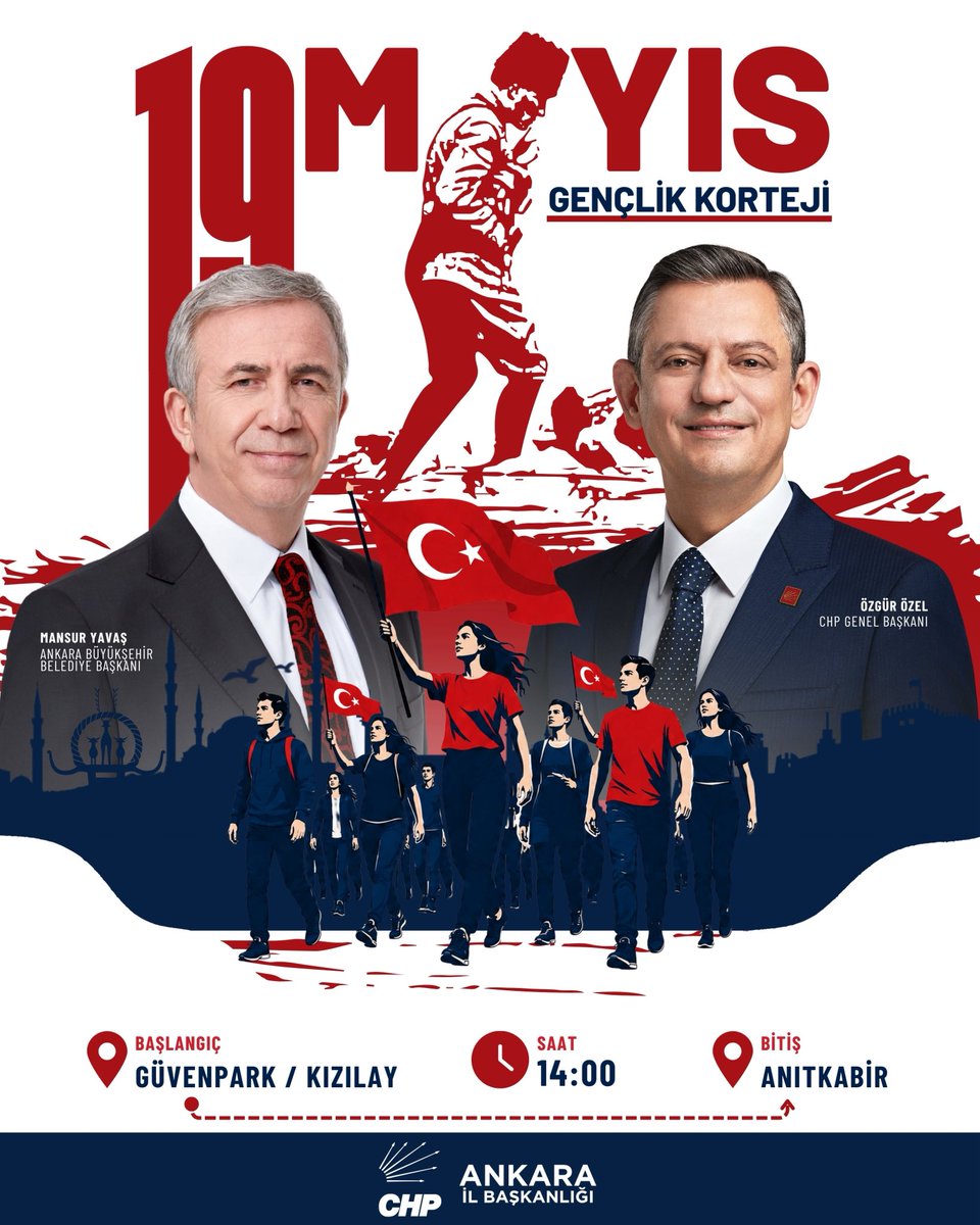 yepiletisim's tweet photo. 19 Mayıs ruhuyla, bağımsızlık ateşiyle, gençliğin kararlılığıyla Atamızın huzuruna yürüyoruz.

Genel Başkanımız Sayın Özgür Özel ve Ankara Büyükşehir Belediye Başkanımız Sayın Mansur Yavaş’ın katılımlarıyla; Güvenpark’tan Anıtkabir’e gençlik kortejinde omuz omuza olacağız.

🗓️ 19 Mayıs Salı (Yarın)  
🕑 14.00  
📍 Güvenpark / Kızılay

Tüm halkımız davetlidir!

@isikyuksel @DrErkol @mansuryavas06 @eczozgurozel