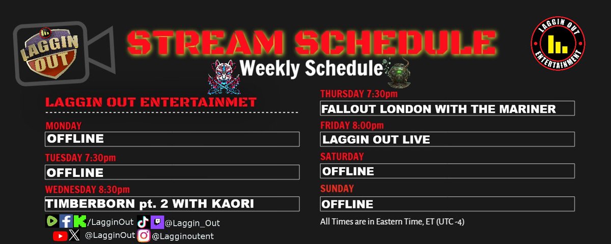 LagginOut's tweet photo. 📅🎮 This Week's Streaming Lineup 
Hey all! Put those reminders now so you don’t miss your favorite streamers 🔔. We have so much to do this week and can't wait to see you all. Let's make it a good one! Watch us live on Facebook, Kick, Rumble, Twitch and Youtube.
 #PopCulture #FridayNightLive #Fallout4 #LagginOut #TheMariner #FoxyKaori #Timberborn #LiveStream #LegendOfZelda #LagginOutLive