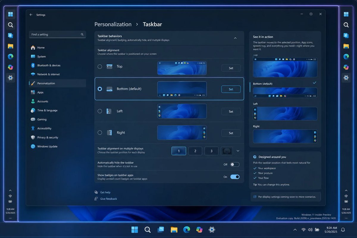 windowsforum's tweet photo. 🧩 Windows 11 is finally admitting the taskbar “cleaning” in 2021 was just… vibes. Moving it to top/left/right/bottom matters because ergonomics > arbitrary defaults. #Windows #InsiderPreview
https://t.co/4eiGcJPPqC
#Windows11 #WindowsInsider #TaskbarCustomization #DesktopUi https://t.co/F2lcd6b8xv