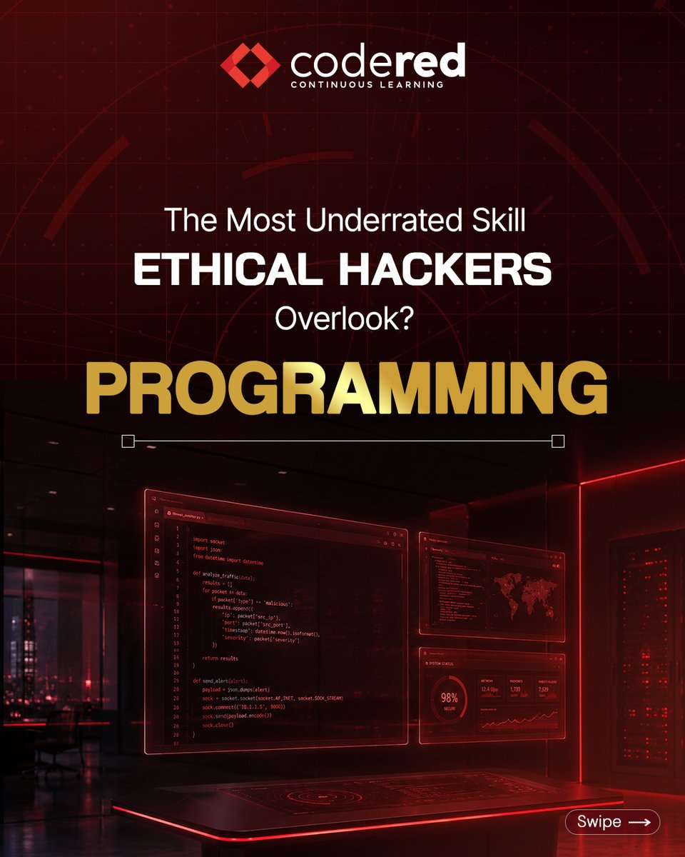 CodeRed_Pro's tweet photo. Get your edge in ethical hacking 💻⚡

Learn to write scripts, find flaws, and build exploits with CodeRed’s Programming for Ethical Hackers.🔐 

Upgrade your offensive skills now 🔗 https://t.co/agK9wdnTlk

#Cybersecurity #EthicalHacking #Programming #SecureCoding #Pentesting #InfoSec #Python #CPlusPlus #TechSkills #CodeRed