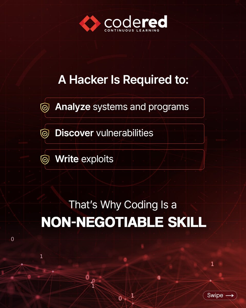 CodeRed_Pro's tweet photo. Get your edge in ethical hacking 💻⚡

Learn to write scripts, find flaws, and build exploits with CodeRed’s Programming for Ethical Hackers.🔐 

Upgrade your offensive skills now 🔗 https://t.co/agK9wdnTlk

#Cybersecurity #EthicalHacking #Programming #SecureCoding #Pentesting #InfoSec #Python #CPlusPlus #TechSkills #CodeRed
