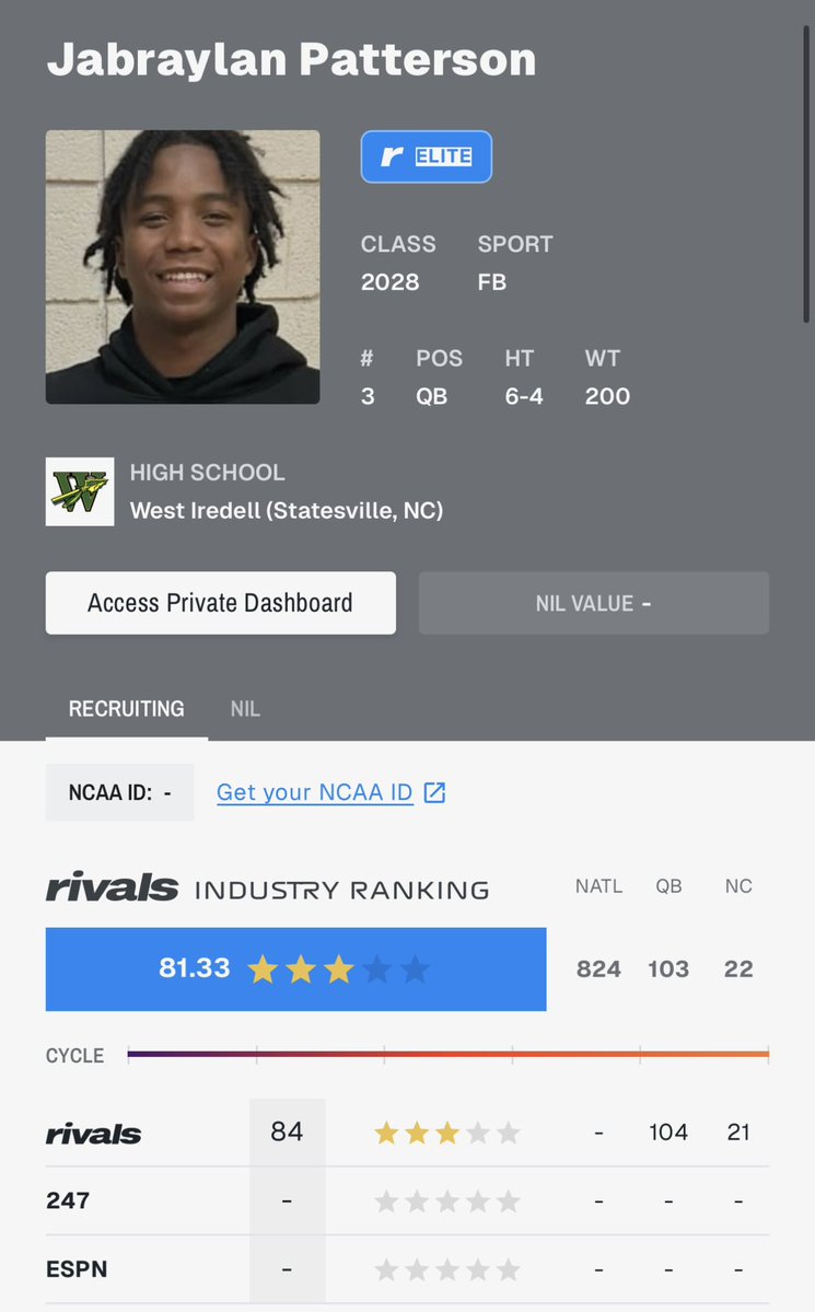 JabraylanPatt's tweet photo. Thanks @on3recruits for ranking me a 3⭐️.. @DonCallahanIC @FB_CoachFitz @WIHS_Football @ChrisReynolds_3 @QBHitList @Elite_2028QBs  @LemmingReport https://t.co/Jwb9rTBbdd