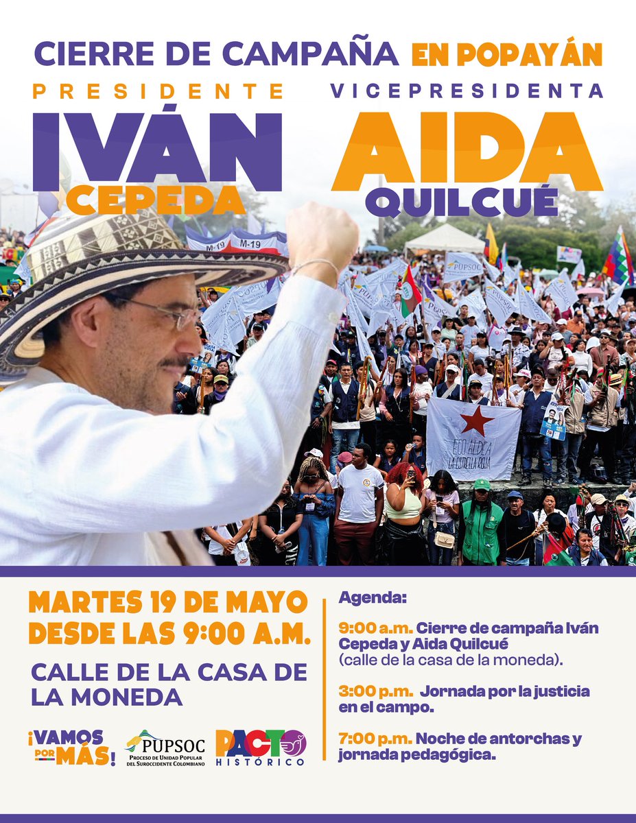 coord_pupsoc's tweet photo. 🌱🟢#VamosPorMás ll Mañana 19 de mayo #Popayán se prepara el gran cierre de nuestra campaña Iván Cepeda Presidente y Aida Quilcué Vicepresidenta.

Ganaremos en  #EnPrimeraVuelta por que #ElCambioContinua. @IvanCepedaCast @aida_quilcue https://t.co/emRrcldTu6