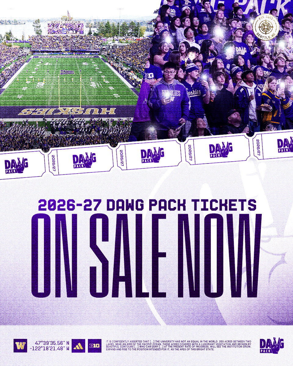 UWAthletics's tweet photo. WOOF WOOF WOOF ☔️

Calling all @UW students! 2026-27 Dawg Pack Season Ticket Memberships are now available 👉 https://t.co/E4sagYp47I

#GoHuskies https://t.co/rV78wSfNnE