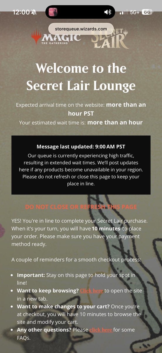 3xileee's tweet photo. @MTGSecretLair Get in at 11, wait till 12, then this stupid shit. Print to order, this whole rando lottery is dumb as fck https://t.co/y1jlu0K80i