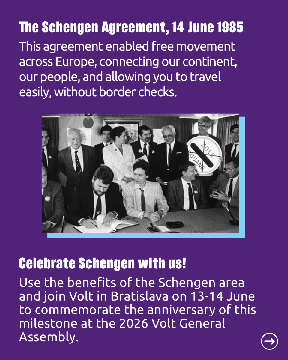 VoltEuropa's tweet photo. On 14 June 1985, the Schengen Agreement changed Europe forever, making it possible to cross borders freely, without passport checks. 41 years later, we still benefit from this milestone every time we travel, study, or work across the continent. 🇪🇺

(1/2) https://t.co/5BVGMP4Z6Q