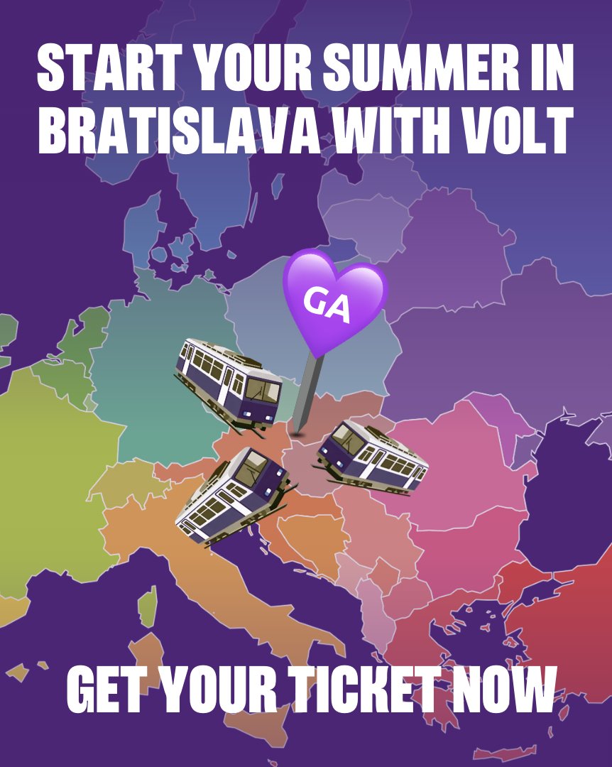 VoltEuropa's tweet photo. (2/2) This summer, celebrate Schengen's anniversary by joining Volt in Bratislava on 13–14 June for our 2026 General Assembly. Start your summer with us, get your ticket now, and easily travel to Bratislava (thanks to Schengen) 🇪🇺👉 https://t.co/0WDty7cVCO https://t.co/rMPT0g1lxK