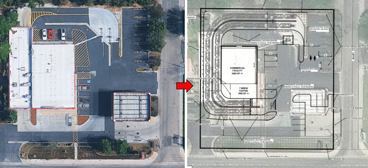 jasonmiller15's tweet photo. 7 Brew Coffee has expanded to >600 sites from just 14 in 2022

With development agreements in place to add ~2,500 more 

But 7 Brew needs to enter and grow in markets where competitors like Dutch Bros $BROS and Starbucks $SBUX are long established

7 Brew’s unique real estate model centered around pre-fabricated, ~500 square foot “stands” is a key advantage

Though its real estate sourcing and use may need to be more creative and flexible to reach its growth targets

One option?

Turning to the adaptive reuse of existing structures--and even multi-tenant sites

One example is its proposed repurpose of a former carwash and convenience store building in Boise, ID 

Instead of demolishing the car wash and porting in a pre-fab stand, 7 Brew plans to renovate the building and utilize the wash tunnel as its drive thru

This adaptive reuse offers 7 Brew path forward in a market with significant restrictions on new drive thrus

It also brings a co-tenancy opportunity as 7 Brew would only occupy ~1,000 sq ft of the building

The remaining ~3,500 sq ft can be leased to other uses and may bring "walk in" customers in addition to the drive thru traffic that 7 Brew typically courts

This unique 7 Brew is a first-of-its-kind adaptive reuse

And will likely be one of its first sites in the Boise market