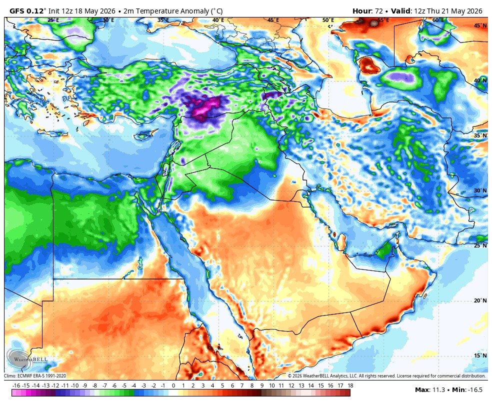 Arab_Climate's tweet photo. اعتبارا من هذه الليلة ويوم غد الثلاثاء من المتوقع  بمشيئة الله تعالى ان تؤثر كتلة هوائية لطيفة على اجواء بلاد الشام وشمال مصر واجزاء من العراق وشمال السعودية ليطرأ انخفاض ملحوظ على درجات الحرارة وتتحول الاجواء لتصبح لطيفة نهارا وباردة نسبياً ليلا فوق الجبال.

هذا ومن المتوقع ان تستمر الاجواء اللطيفة بالتأثير على المنطقة يوم الاربعاء , ويوم الخميس من المتوقع ان يطرأ المزيد من الانخفاض على درجات الحرارة لتتحول الاجواء لتصبح باردة نسبيا فوق الجبال وباردة ليلا.

والله اعلى واعلم
المهندس احمد العربيد
المركز العربي للمناخ