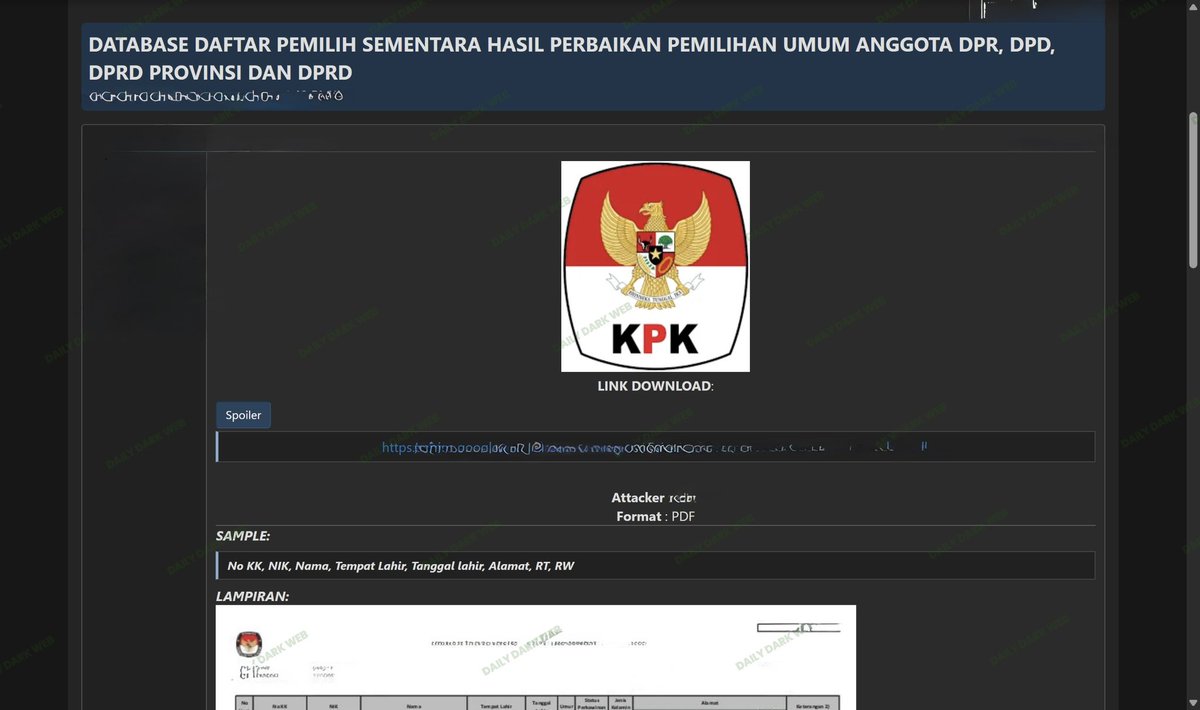DailyDarkWeb's tweet photo. 🇮🇩 A dataset allegedly linked to Indonesian election voter records has been shared on underground forums.

The leaked content appears to reference:
• temporary voter registration/correction data
• DPR / DPD / DPRD election-related records
• Indonesian citizen identification details
• and regional voter information documents in PDF format

According to the exposed sample fields, the dataset may contain:
• NIK (Indonesian national identification numbers)
• full names
• birth details
• residential addresses
• RT/RW administrative location information
• and other voter-related demographic records

At this stage, the authenticity, source, and scope of the data remain unverified.

If legitimate, exposure of voter and citizen registry information could create significant risks including:
• identity theft
• targeted phishing and social engineering
• election-related disinformation operations
• citizen profiling
• credential stuffing attacks
• and broader privacy/security concerns affecting public sector systems

Government and election-related datasets remain highly valuable within underground ecosystems due to their use in:
• identity verification bypass attempts
• fraud operations
• SIM swapping/social engineering
• financial fraud
• and influence or intelligence operations

Organizations and agencies should:
• validate whether exposed samples are authentic
• monitor for abuse of national ID information
• review access controls on election and citizen systems
• investigate potential insider or third-party exposure paths
• and monitor underground channels for redistribution activity

This incident also highlights the ongoing targeting of public-sector and election-related infrastructure across multiple regions globally.

#Indonesia #DataLeak #ElectionSecurity #CyberSecurity #ThreatIntelligence #Government #DDW #Intelligence