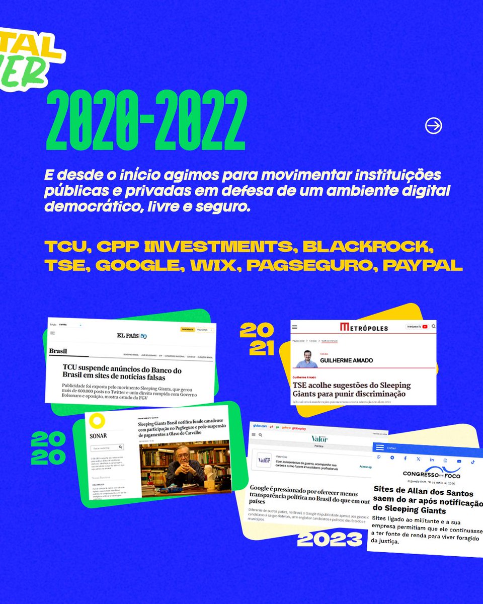 slpng_giants_pt's tweet photo. 📢 Em um 18 de maio de 2020, três jovens criavam uma página no Twitter e outra no Instagram para tentar fazer algum tipo de mudança no meio do caos daquele tempo. Vivíamos a pandemia da Covid-19 e um governo que usava a desinformação e o discurso de ódio como estratégia.  

 Em seis anos, essas páginas cresceram muito e a organização se tornou um ator fundamental na defesa da integridade da informação, da democracia e dos direitos humanos.  

Hoje, o Sleeping Giants Brasil faz aniversário e apresenta sua visão de futuro: “Colocar as Tecnologias a Serviço do Povo”. Uma síntese do que aprendemos, fazemos e para quem iremos direcionar nossos esforços.  

 Relembre conosco um pouco da nossa história e continue junto para construir os próximos passos do Sleeping Giants Brasil.  

 Só chegamos até aqui graças a vocês, cidadãos que, como nós, não aceitaram o problema de cabeça baixa. Somos GIGANTES! ✊🏽

#tecnologiasaserviçodopovo #SGBR6anos