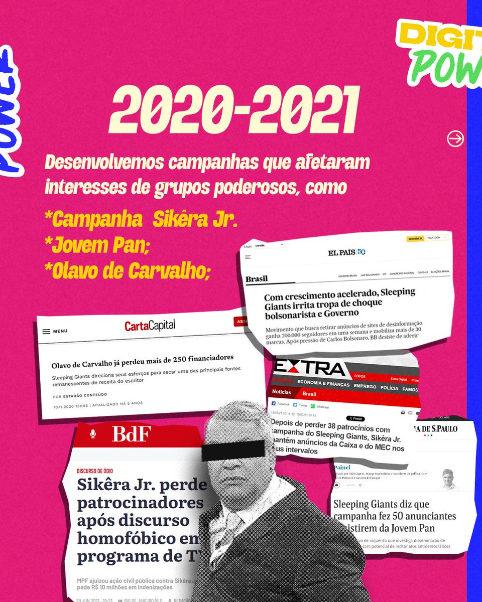 slpng_giants_pt's tweet photo. 📢 Em um 18 de maio de 2020, três jovens criavam uma página no Twitter e outra no Instagram para tentar fazer algum tipo de mudança no meio do caos daquele tempo. Vivíamos a pandemia da Covid-19 e um governo que usava a desinformação e o discurso de ódio como estratégia.  

 Em seis anos, essas páginas cresceram muito e a organização se tornou um ator fundamental na defesa da integridade da informação, da democracia e dos direitos humanos.  

Hoje, o Sleeping Giants Brasil faz aniversário e apresenta sua visão de futuro: “Colocar as Tecnologias a Serviço do Povo”. Uma síntese do que aprendemos, fazemos e para quem iremos direcionar nossos esforços.  

 Relembre conosco um pouco da nossa história e continue junto para construir os próximos passos do Sleeping Giants Brasil.  

 Só chegamos até aqui graças a vocês, cidadãos que, como nós, não aceitaram o problema de cabeça baixa. Somos GIGANTES! ✊🏽

#tecnologiasaserviçodopovo #SGBR6anos