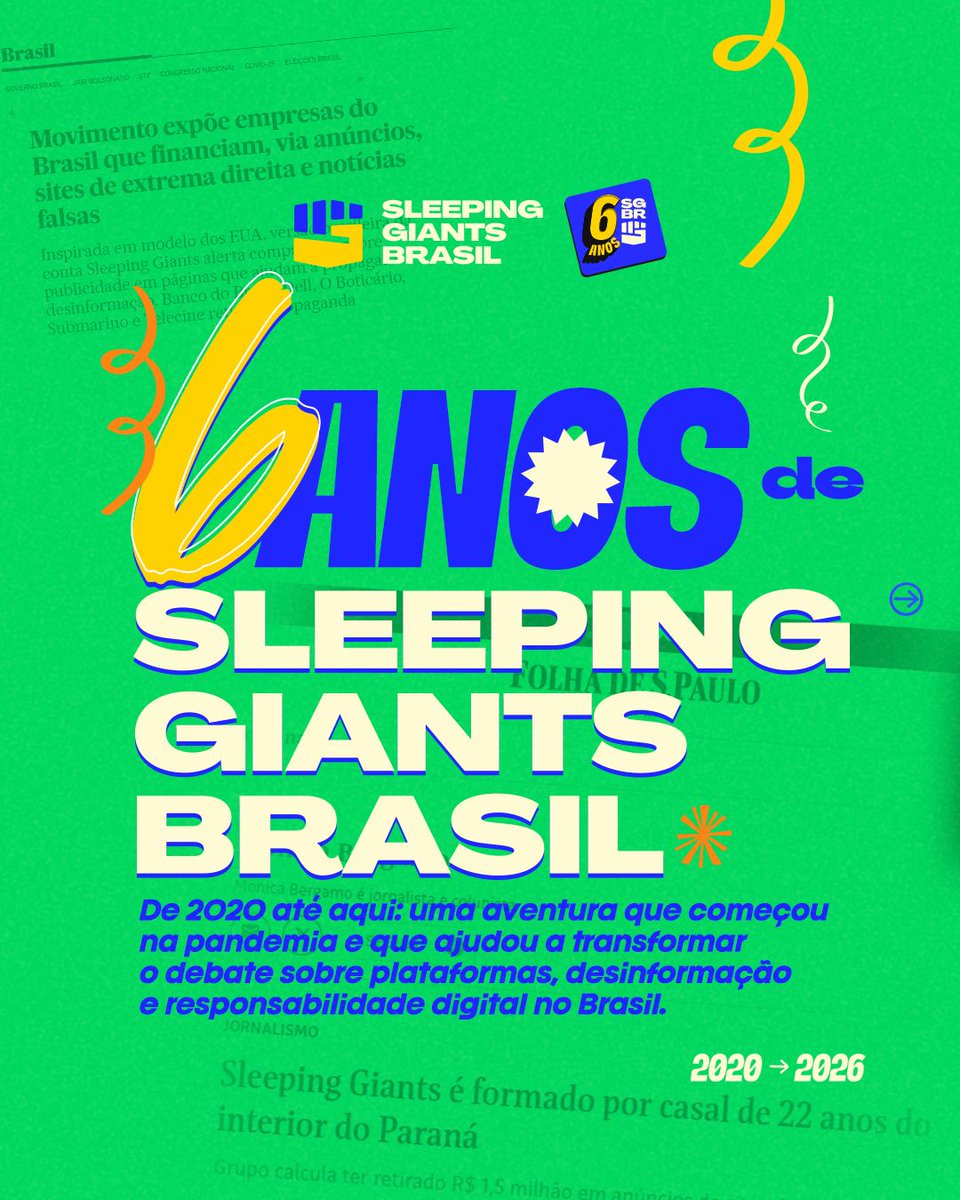 slpng_giants_pt's tweet photo. 📢 Em um 18 de maio de 2020, três jovens criavam uma página no Twitter e outra no Instagram para tentar fazer algum tipo de mudança no meio do caos daquele tempo. Vivíamos a pandemia da Covid-19 e um governo que usava a desinformação e o discurso de ódio como estratégia.  

 Em seis anos, essas páginas cresceram muito e a organização se tornou um ator fundamental na defesa da integridade da informação, da democracia e dos direitos humanos.  

Hoje, o Sleeping Giants Brasil faz aniversário e apresenta sua visão de futuro: “Colocar as Tecnologias a Serviço do Povo”. Uma síntese do que aprendemos, fazemos e para quem iremos direcionar nossos esforços.  

 Relembre conosco um pouco da nossa história e continue junto para construir os próximos passos do Sleeping Giants Brasil.  

 Só chegamos até aqui graças a vocês, cidadãos que, como nós, não aceitaram o problema de cabeça baixa. Somos GIGANTES! ✊🏽

#tecnologiasaserviçodopovo #SGBR6anos