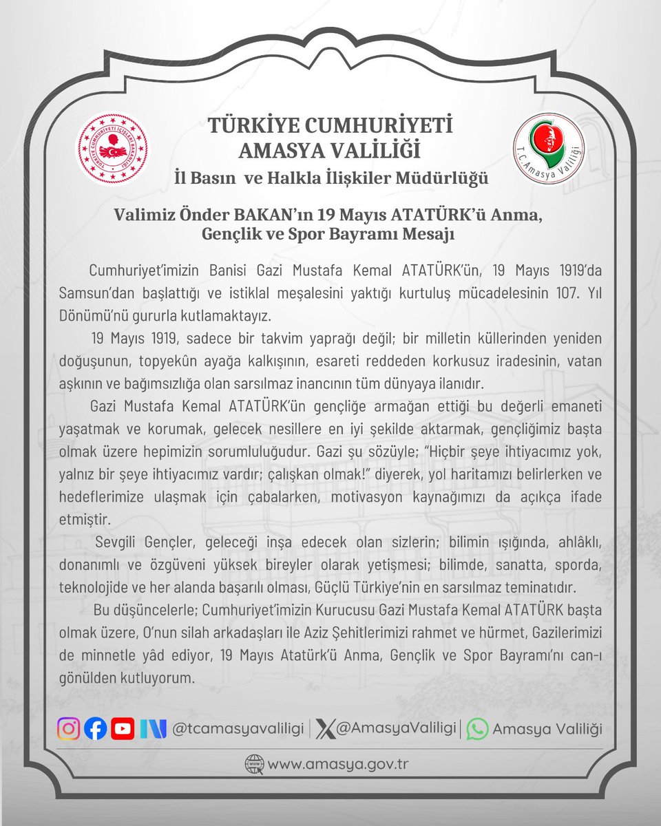 AmasyaValiligi's tweet photo. 📌 📌 Valimiz Önder BAKAN’ın 19 Mayıs ATATÜRK’ü Anma, Gençlik ve Spor Bayramı Mesajı. https://t.co/gBBtJB3An1