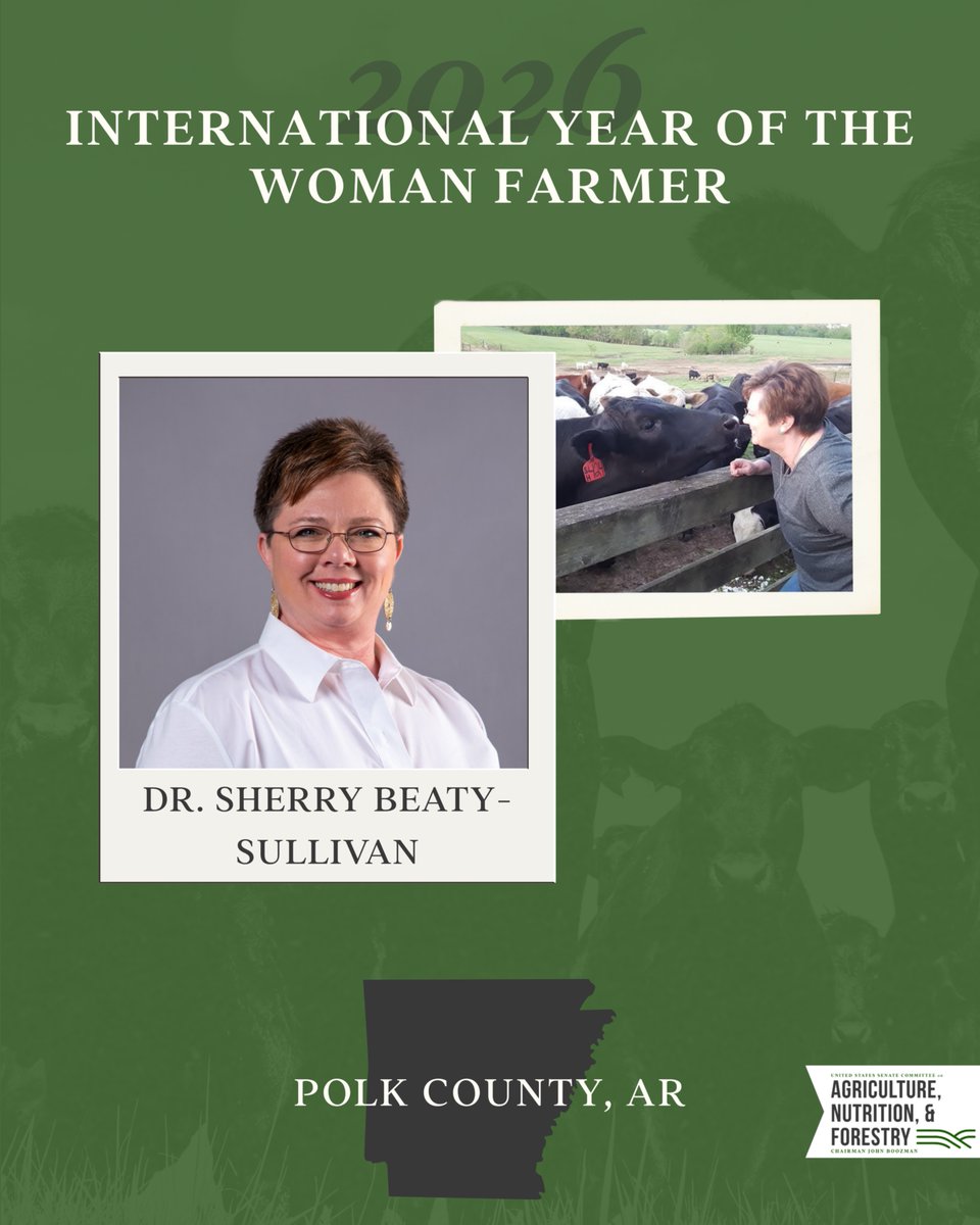 SenateAgGOP's tweet photo. We’re honoring the dedication and innovation of women agriculture enthusiasts in recognition of the #YearoftheWomanFarmer.

Dr. Sherry Beaty-Sullivan balances her roles as a district director for the University of Arkansas Division of Agriculture while being actively involved in her family’s 400-head cattle operation. From advancing genetics and sustainability by raising registered Hereford and Angus cattle and sharing her knowledge with her community, her impact is felt at every step of the process from the ranch to the table.

Her commitment to stewardship and long-term stability will keep the ranch healthy for generations to come.