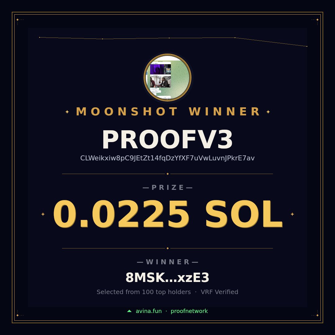 avinafun's tweet photo. 🚀 8MSK...xzE3 just won 0.0225 SOL on $PROOFV3

VRF-verified moonshot · powered by Avina https://t.co/dMdDQMKZQ4