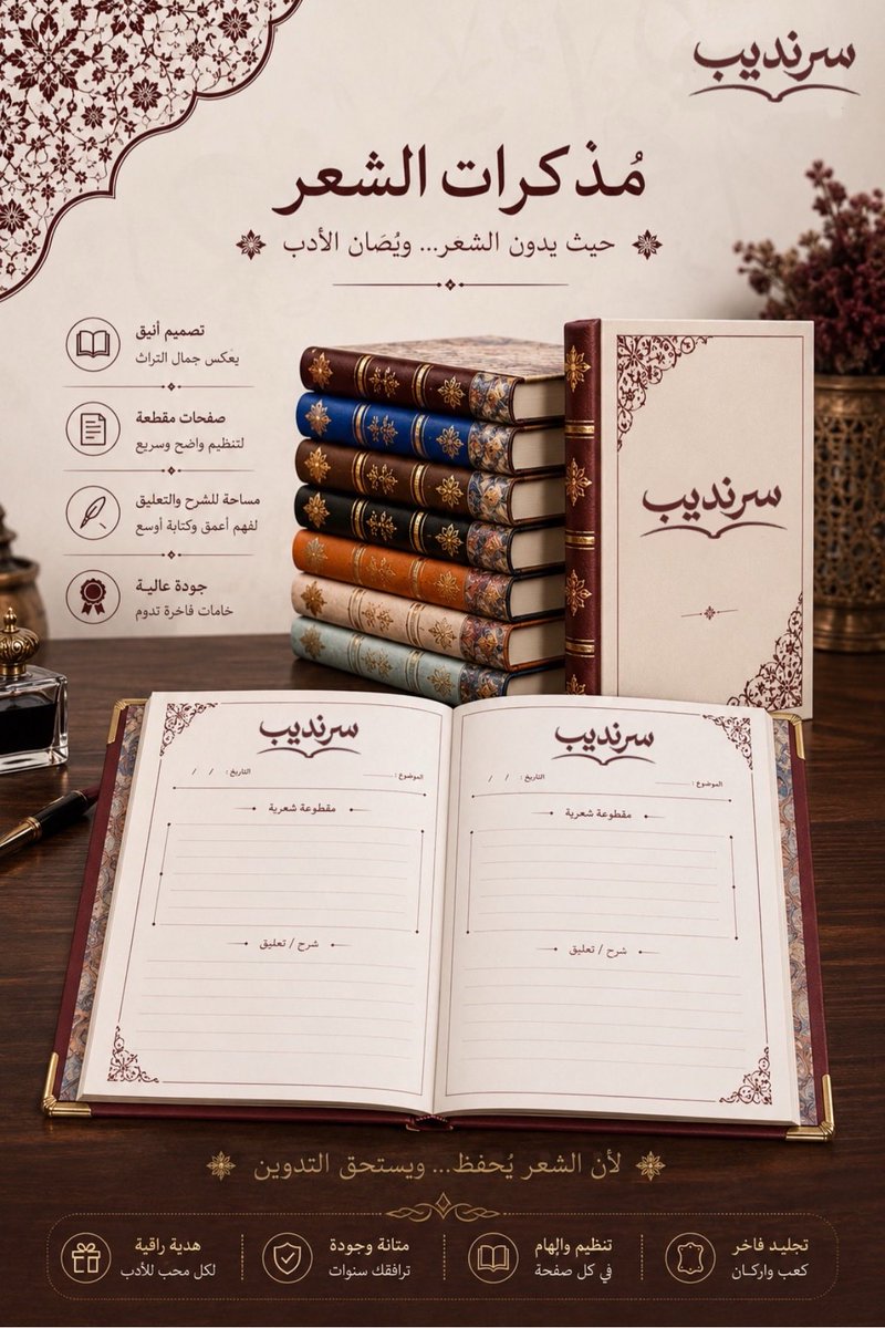 SERENDIB_1's tweet photo. إلى حَمَلة لواء الشِّعر وأهل الأدب..✨
في «سرنديب» أفردنا هذه المذكرة لتجمع شتات روائعكم في ٥٠٠ صفحة من الورق الكريمي الفاخر؛ صدر الصفحة مشرق للمقطوعة، وعجزها روض للشرح والتعليق
كُسي كعبها وأركانها بتجليد متين لتبقى ذخراً للأعقاب.[ متاح للطلب المسبق ]
📥 [https://t.co/Nh1HKRJaE7] https://t.co/oqihze0cHi