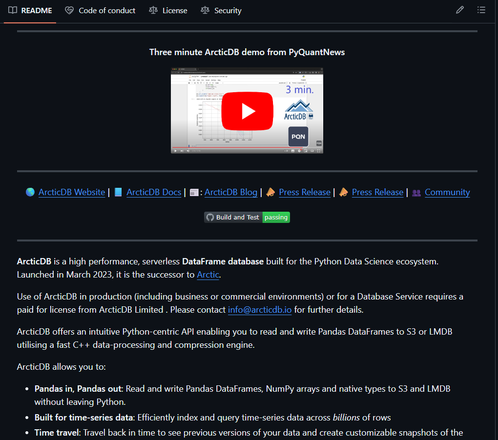 Atenov_D's tweet photo. Bloomberg paid Man Group to license this database. It's been sitting on GitHub for free the whole time.

Man Group manages $228B in assets. Their engineers built ArcticDB to store and query billions of rows of time-series data - the kind of data that powers quantitative trading at scale. 

Bloomberg thought it was valuable enough to pay for. You can pip install it right now.

> What it actually does:

Pandas in, Pandas out. Write a DataFrame to S3 or local disk, read it back instantly. No server. No infrastructure. No DevOps.

20 years of data on 400,000+ securities in a single symbol. It handles what CSV files and regular databases collapse under.

Time travel built in. Roll back to any previous version of your data. If yesterday's backtest used different data than today's - you can see exactly what changed.

Schemaless. Append, update, modify without touching a schema definition. For anyone who's spent hours migrating database schemas - this matters.

The C++ engine handles compression and concurrency under the hood. You never leave Python.

For quant research, backtesting, Polymarket data analysis, or any project where you're storing time-series at scale - this is the tool hedge funds actually use internally.

Versions up to 4.2 already converted to Apache 2.0. Fully free, no restrictions.

https://t.co/tKKaMCJvMJ