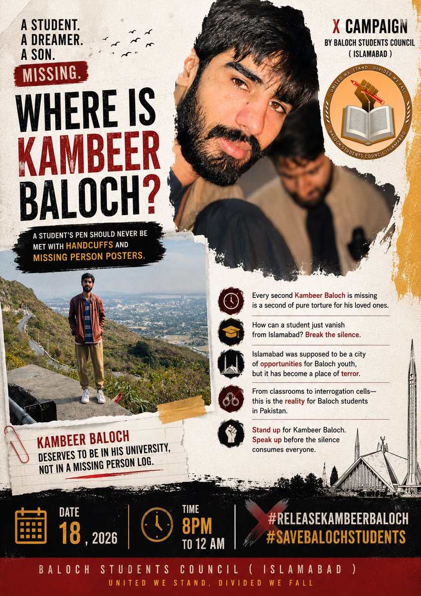 bsciiui028's tweet photo. Speak up against enforced disappearances. Silence creates more space for those involved in the abduction of our loved ones. When we stay silent, they become more active. 
#ReleaseKambeerBaloch
#SaveBalochStudents https://t.co/4xeqEPKwLz