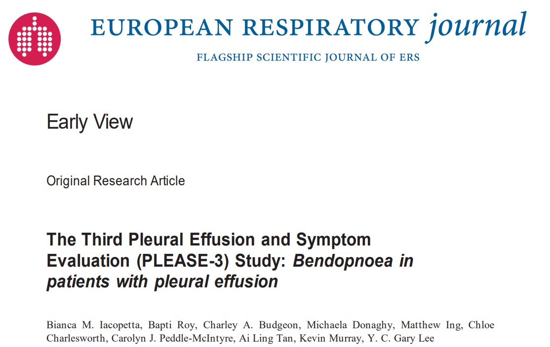 YCGaryLee's tweet photo. Exciting Early View of the Bendopnea paper @ERSpublications 
☑️Breathless bending forward common with pleural effusion
☑️Bendopnea assoc with larger effusion, more SoB, shorter 6MWT 
☑️Those with bendopnea have better improvement 6MWT post-drainage

@tsanz_thoracic @AAB_IP @PleuralPOCUS @PulmPEEPs @ALATorax @SMNYCT @TheRACP @UCLAPCCM @iPulmOG @UKPleura @pleuralwales @NeumologiaHR