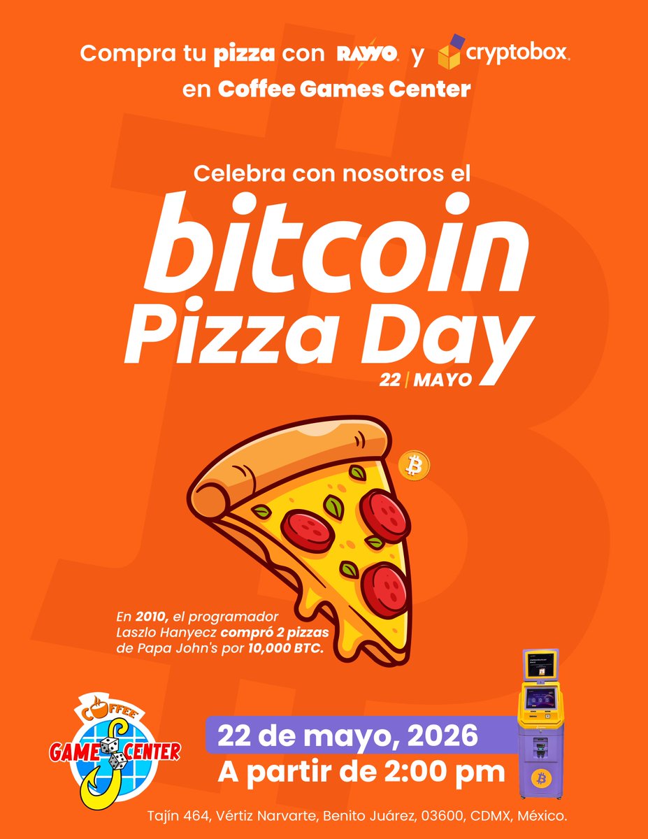 cryptoboxMX's tweet photo. 🍕🧡Este viernes celebramos el #Bitcoinpizzaday y queremos que tu seas parte de este evento 🤗🍕Estaremos en COFFEE GAMES CENTER ubicado en #Narvarte  en #CDMX 

📍https://t.co/3hB8rU7fTu

#mexico #bitcoinnews #bitcoinmexico #bitcoinenespañol #btc #restaurante #pizza #pizzaday #wallet #btm #atm #cajerobitcoin