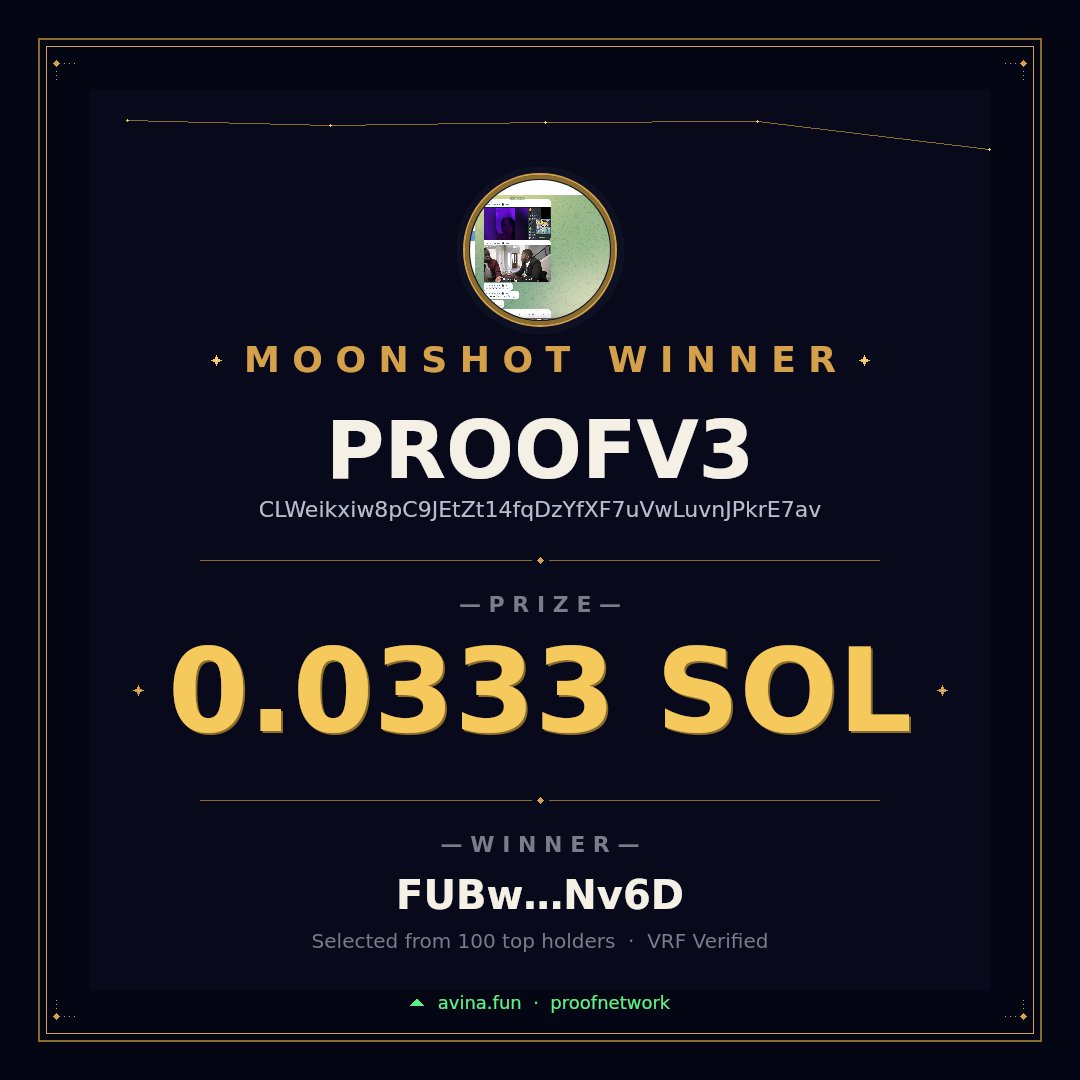 avinafun's tweet photo. 🚀 FUBw...Nv6D just won 0.0333 SOL on $PROOFV3

VRF-verified moonshot · powered by Avina https://t.co/hs3vTRTiHm