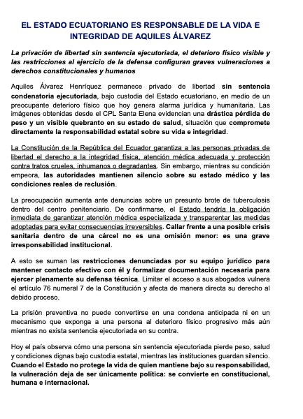 paultutiven's tweet photo. DENUNCIAN DETERIORO FÍSICO DE AQUILES ÁLVAREZ
Aquiles Álvarez Henríquez, alcalde de Guayaquil, permanece privado de libertad, bajo prisión preventiva en el denominado caso Triple A y por retiro del grillete, mientras su defensa denuncia un progresivo deterioro físico dentro del CPL Santa Elena, conocido como la cárcel del Encuentro. 
El pronunciamiento fue difundido este 18 de mayo y apunta directamente a la responsabilidad del Estado ecuatoriano sobre su vida e integridad.
La defensa sostiene que las imágenes obtenidas desde el centro penitenciario evidencian una drástica pérdida de peso y un visible quebranto en su estado de salud, situación que ha encendido alertas en el ámbito jurídico y humanitario.