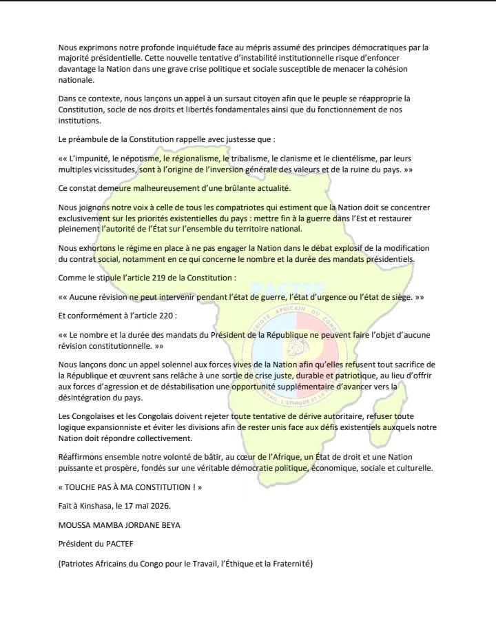 pactef_rdc's tweet photo. PATRIOTES AFRICAINS DU CONGO POUR LE TRAVAIL, L’ÉTHIQUE ET LA FRATERNITÉ (PACTEF)
DÉCLARATION SUR LE DÉBAT AUTOUR D’UNE POSSIBLE RÉVISION CONSTITUTIONNELLE
Le second et dernier mandat du Président de la République démocratique du Congo prendra fin le 20 janvier 2029.🇨🇩 #congo https://t.co/0DBGE5jQuR