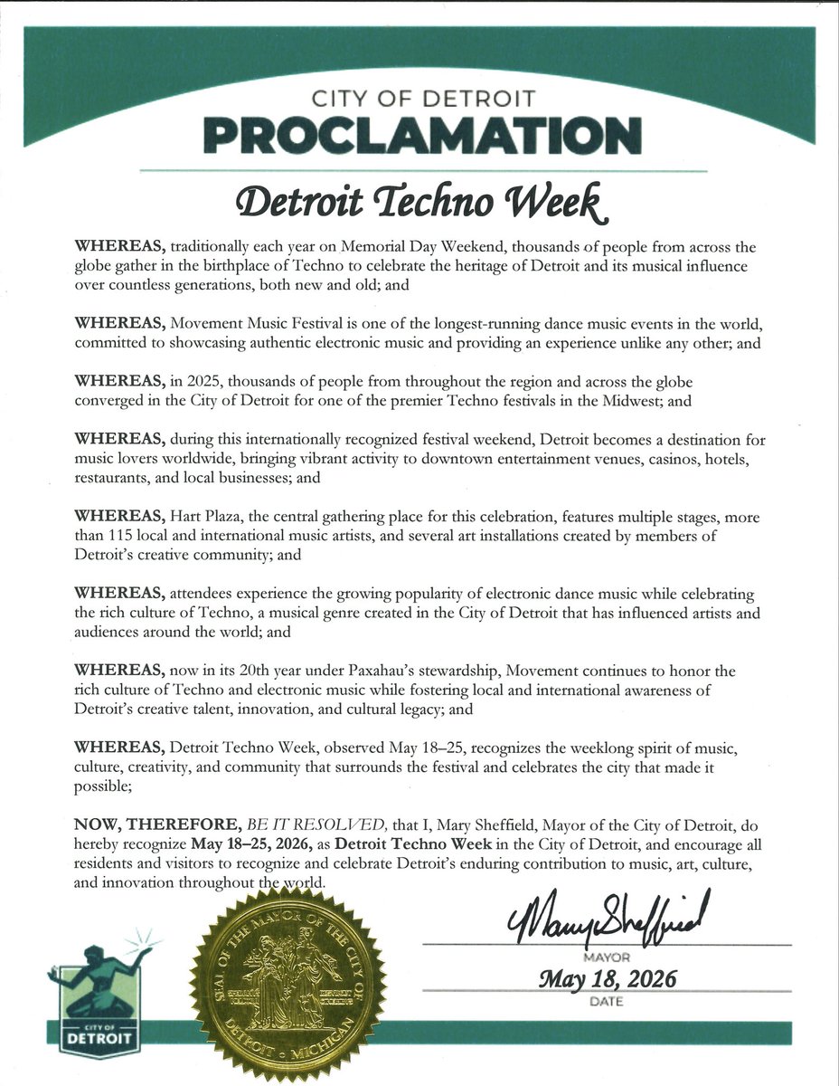 samueljrob's tweet photo. Detroit Mayor Mary Sheffield signed this proclamation declaring May 18-25 Detroit Techno Week. https://t.co/EP4zGUbzz1