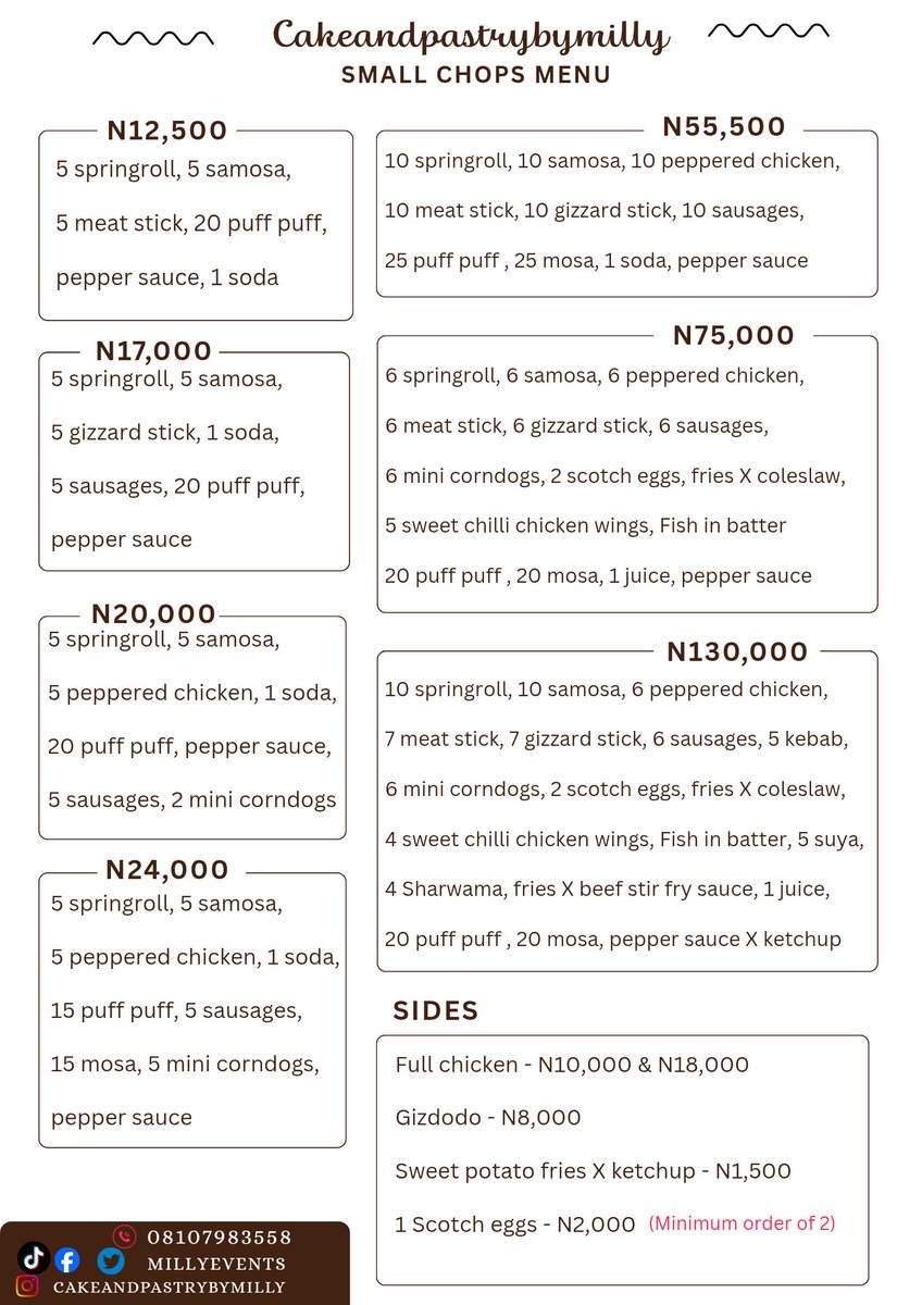 MillyEvents's tweet photo. Our updated Small chops pricelist...

We are available to deliver daily within Lagos and you can customise your order.
Send a DM to place an order or call/ WhatsApp 08107983558 https://t.co/mAtvhVgKro