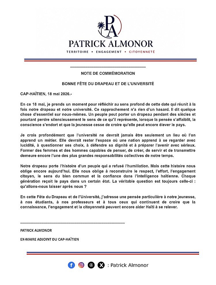 patrickalmonor1's tweet photo. BONNE FÊTE DU DRAPEAU ET DE L’UNIVERSITÉ ! 🇭🇹🇭🇹🇭🇹 https://t.co/6UsHWZqQoe
