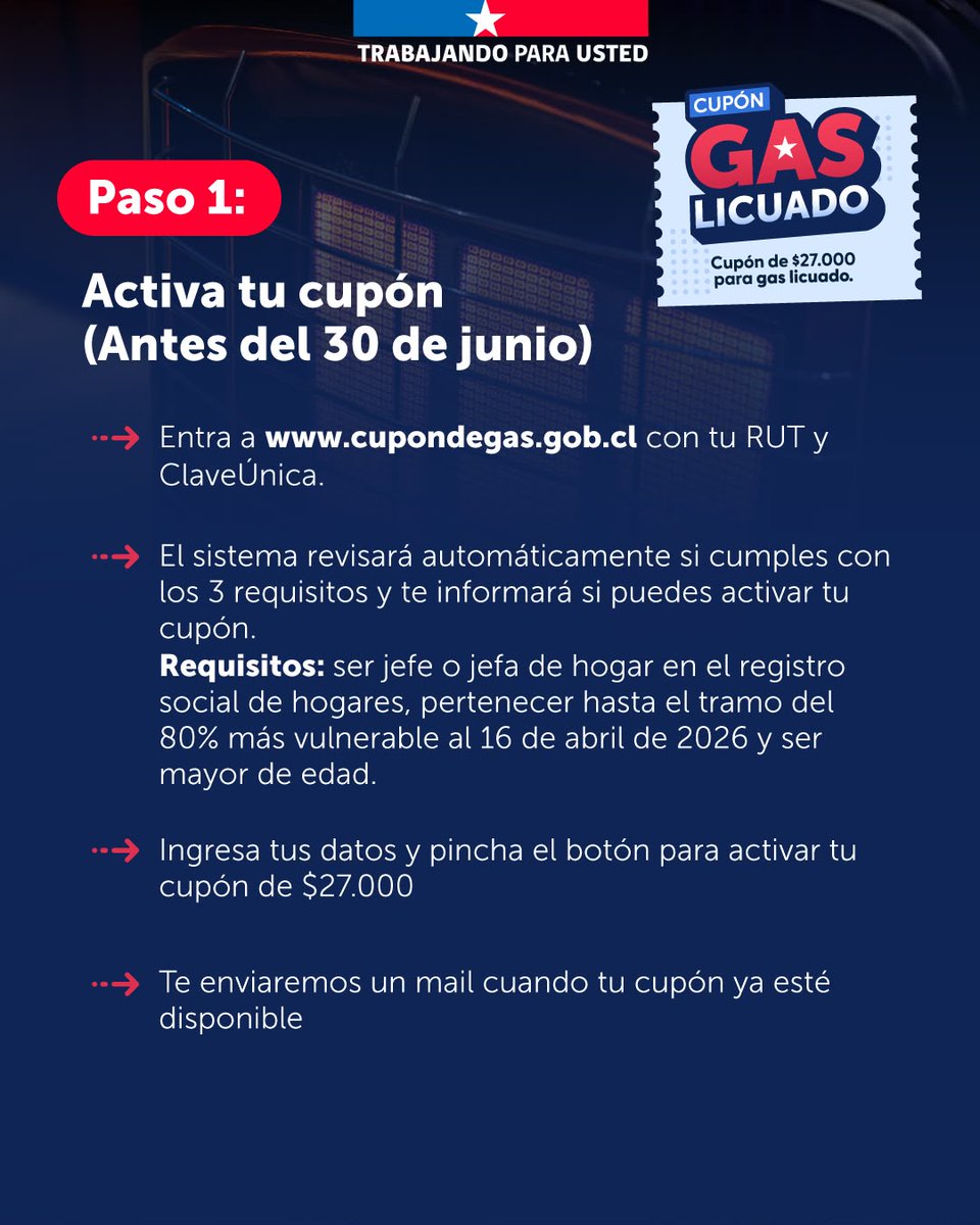 FOSIS_Valpo's tweet photo. Ya puedes acceder a tu cupón de gas licuado
Requisitos:

👉 Ser mayor de 18 años.
👉 Estar hasta el 80% del Registro Social de Hogares.
👉 La solicitud debe realizarla el jefe o jefa de hogar del Registro Social de Hogares.

Ingresa a https://t.co/c2NN3b1uvC y activa tu cupón 🎫 https://t.co/GV7NvsxYBN