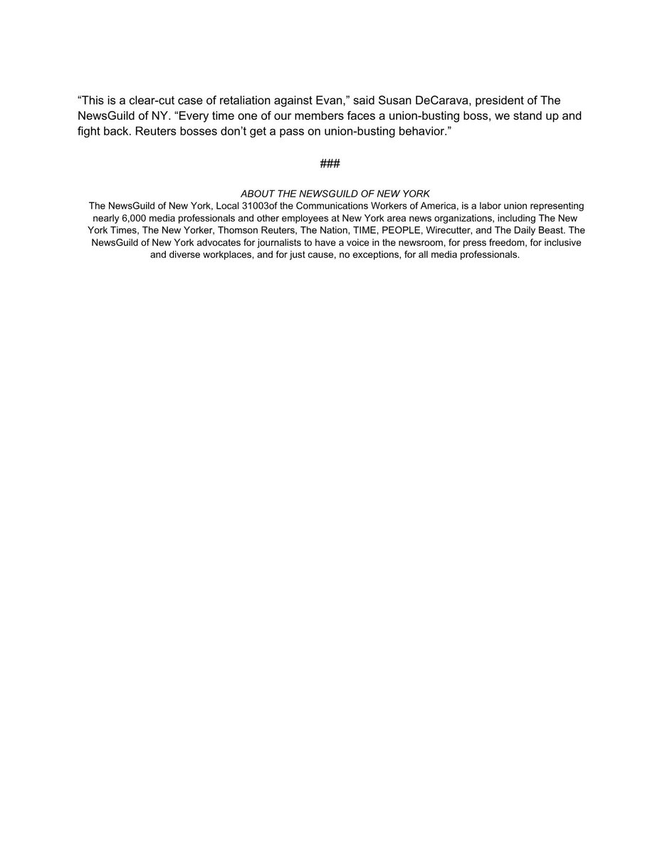 nyguild's tweet photo. LEGAL ACTION: We have filed an unfair labor practice charge against @Reuters after management cut ties with one of our @ReutersGuild members who was part of an organizing effort asking questions about @thomsonreuters's contracts with DHS. More here https://t.co/HPWl3ywSFO https://t.co/yBH7nX6mVx
