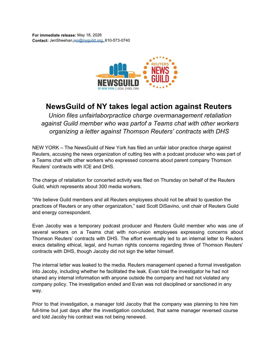 nyguild's tweet photo. LEGAL ACTION: We have filed an unfair labor practice charge against @Reuters after management cut ties with one of our @ReutersGuild members who was part of an organizing effort asking questions about @thomsonreuters's contracts with DHS. More here https://t.co/HPWl3ywSFO https://t.co/yBH7nX6mVx