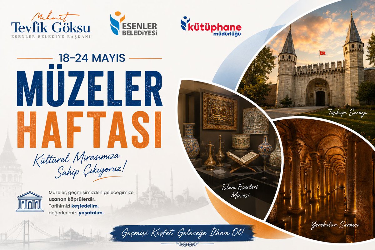 Ebkutuphane's tweet photo. Esenler Belediyesi Kütüphane ve Müzeler Müdürlüğü olarak 18-24 Mayıs Müzeler Haftası'nı kutluyoruz. 🏛️

Müzeler, bir şehrin hafızasıdır. Geçmişi koruyan, bugünü anlamlandıran ve geleceğe ilham veren tüm müzelerimizin Müzeler Haftası kutlu olsun. https://t.co/iLfCauCBf0