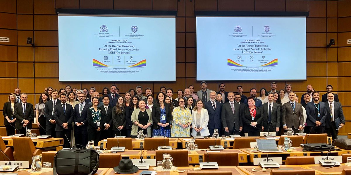 EqualRightsC's tweet photo. Mr. Jorge Noval, Spanish co-chair, and Johana Torres, representing @Caribeafirmativ and CSO co-chair from Colombia of the @EqualRightsC, took part in the event ‘At the Heart of Democracy’ at UNODC in Vienna to mark 17 May, #IDAHOBIT2026 @EmbEspAustria @EmbColAustria https://t.co/2H5bPJtZp2