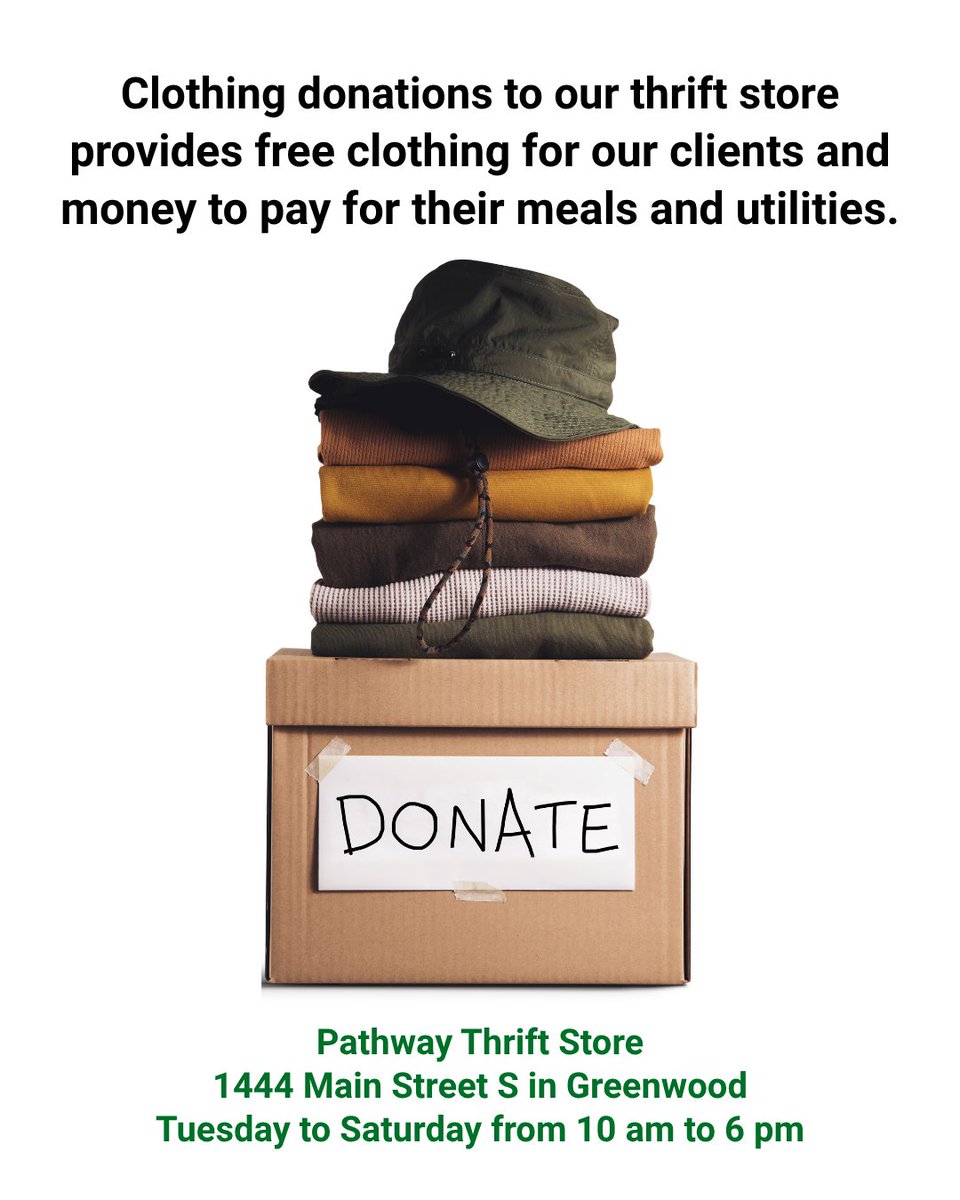 GwdPathway's tweet photo. When you donate clothing to our thrift store, you are providing free clothing for our clients, and you help us cover the cost of their meals and utilities while they live on our campus. Pathway Thrift Store is located at 1444 Main Street S in Greenwood. https://t.co/AUJLZlYcVe