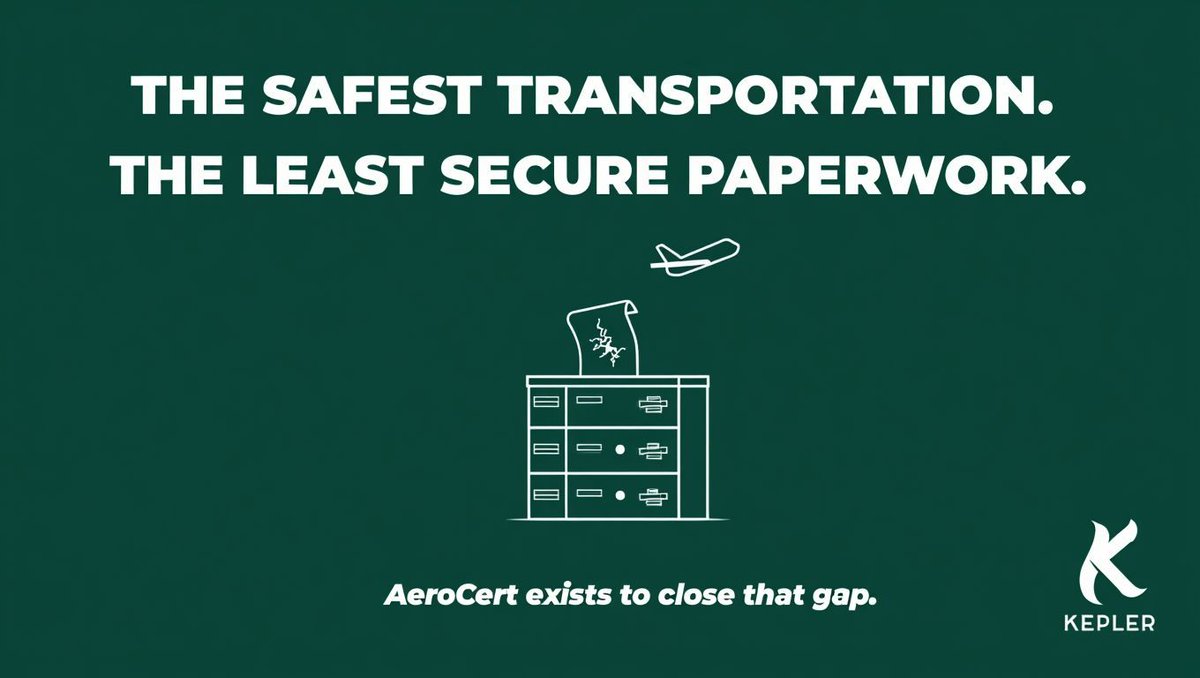 KeplerOfficial_'s tweet photo. Most people think the aviation industry's biggest trust problem is on the
  tarmac.                                     
                                                                                
  It's not. It's in the filing cabinet.       
                                                                                
  Every day, millions of decisions in this industry are backed by a single
  artifact: a certificate. An EASA Form 1. An FAA 8130-3. A training record. A  
  maintenance log.
                                                                                
  All of them, in 2026, still live as PDFs you can scan, edit, and forward.
                                                                                
  → A parts dealer in one country trusts a document issued in another
  → An MRO inherits that trust when they install the part                       
  → The airline inherits it again when the aircraft takes off
  → And nobody in that chain has a way to verify the original in seconds        
                                              
  The safest form of transportation in history is backed by the least secure    
  paperwork in the world.                                                       
                                                                                
  AeroCert exists to close that gap.