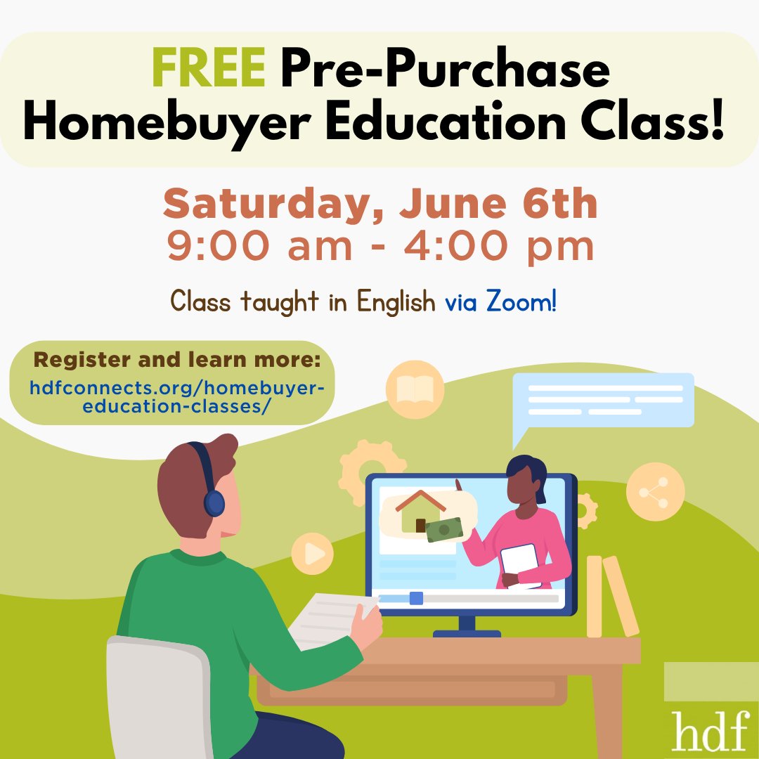 HDFCT's tweet photo. HDF is offering a free pre-purchase homebuyer education class Saturday, June 6th from 9am-4pm! Register at https://t.co/mw6YnfHKCJ to access the Zoom Link!
#HomebuyerEducation #Homeownership #AffordableHousing https://t.co/eMW6sWOqHb