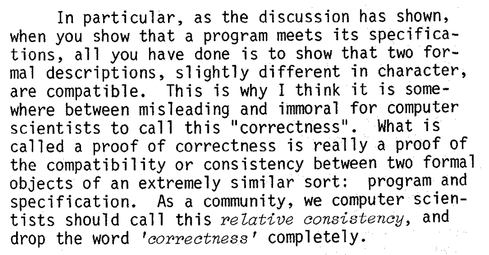 zooko's tweet photo. I long ago internalized from DJB, Menezes, and Koblitz that I shouldn't say "security proofs", but "security reductions". I think it helped me think more clearly. Now I wonder if, following Bryan Cantwell Smith, I should say "relative consistency" instead of "correctness". 🤔 https://t.co/Q53ADlkdf8