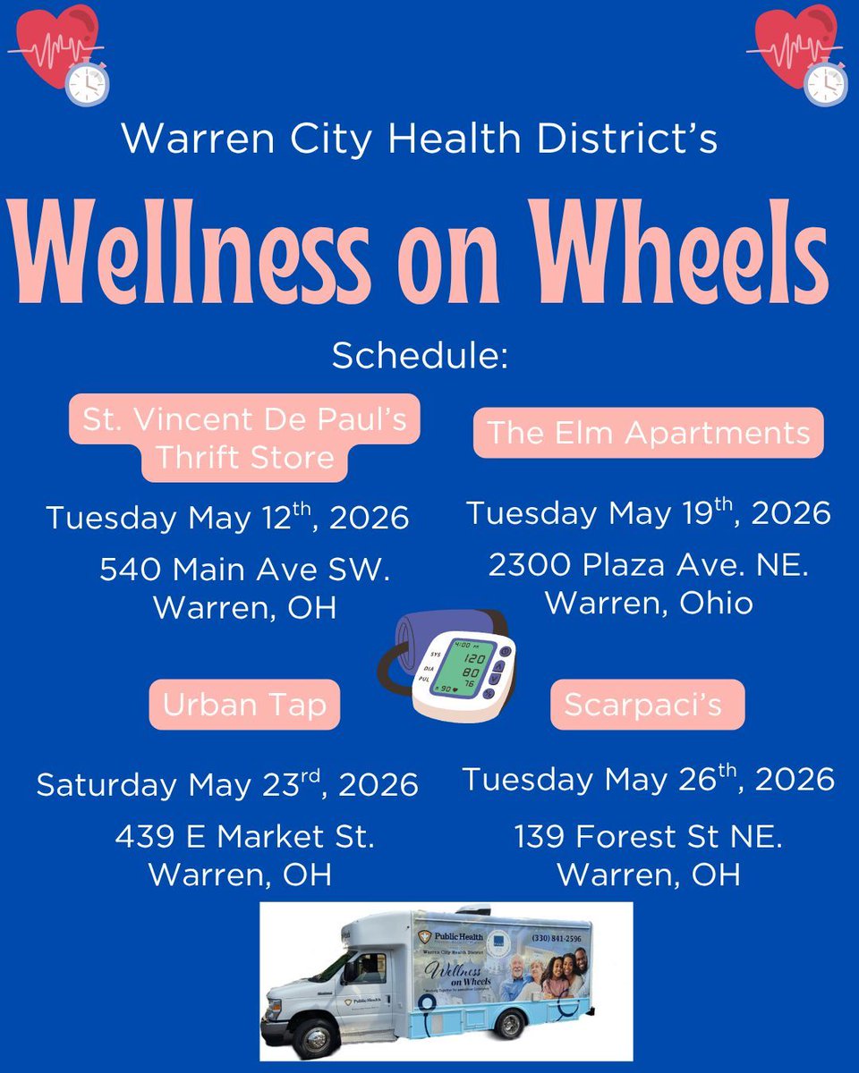 WarrenHealth's tweet photo. Our Wellness on Wheels mobile unit schedule for this week:

The Elms Apartments-Tuesday May 19th, 2026 from 10:00am-11:00am
Urban Tap-Saturday May 26th, 2026 from 11:00am-2:00pm

Next week we have:
Scarpaci'- Tuesday May 26th, 2026 from 11:00am-2:00pm https://t.co/OOQLlqYvWO