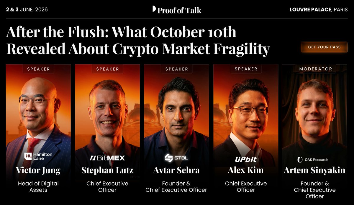 proofoftalk's tweet photo. PANEL ANNOUNCEMENT: October 10th was the stress test crypto market structure didn't ask for, and didn't pass cleanly.

On Day 1 at the Louvre: After the Flush: What October 10th Revealed About Crypto Market Fragility.

Victor Jung (Head of Digital Assets, @hamilton_lane), Stephan Lutz @Crypto_SLutz (CEO, @BitMEX), Avtar Sehra @avtarsehra (Co-founder & CEO, @stbl_official), and Alex Kim (CEO, @upbitglobal) take the stage for a conversation moderated by Artem Sinyakin @Artem_Oak (Founder & CEO, @OAK_Res_FR).

A frank look at what October 10th exposed in crypto market structure.

They will be discussing the liquidity gaps that opened, the leverage cascades that triggered and the operational weak points that surfaced when the market was under stress.

Ultimately, anchored in a much deeper question: what does serious institutional capital expect from exchanges, venues, clearing, custody, and risk systems before it deploys at the scale this market has been promising?

Secure your seat.
https://t.co/ol4EWRsimW