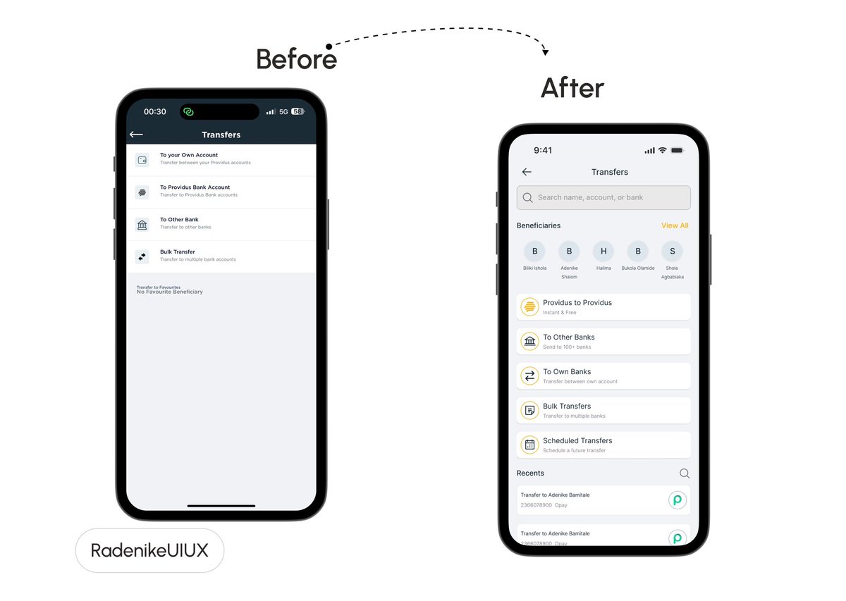 adelewaola's tweet photo. Redesigned the transfer flow screen of providus bank app ✨
You can easily understand it better on the after screen.
Here is the before and after screen😊. https://t.co/7hQvXIoMU6