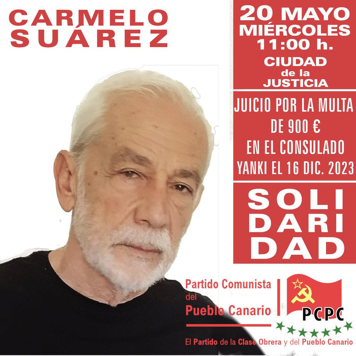 PCPC_Canarias's tweet photo. 🚨*ATENCIÓN CONCENTRACIÓN*
Este Miércoles 20 de mayo a las 11:00 AM en la Ciudad de la Justicia (LPGC). 
Juicio de Carmelo Suarez por una sanción de 900€ de Delegación de Gobierno por la protesta en solidaridad con Palestina 🇵🇸 en Diciembre de 2023 frente al consulado yanki. https://t.co/Pn9HXAglSw